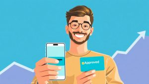 Человек держит карту и смартфон с одобрением займа, символизируя займ без проверки кредитной истории.